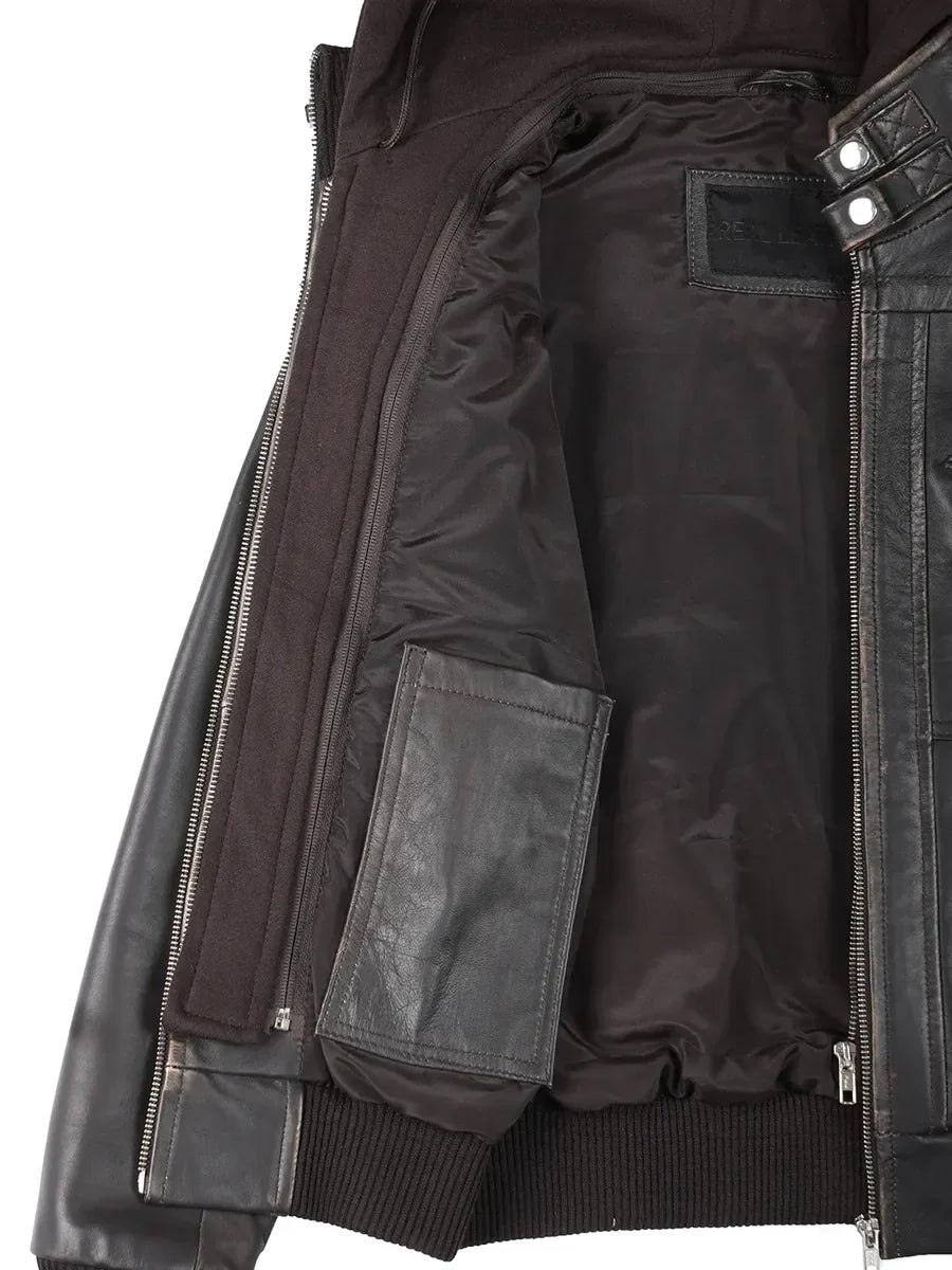 Women's Dark Brown Rub Off Leather Jacket with Removable Hood