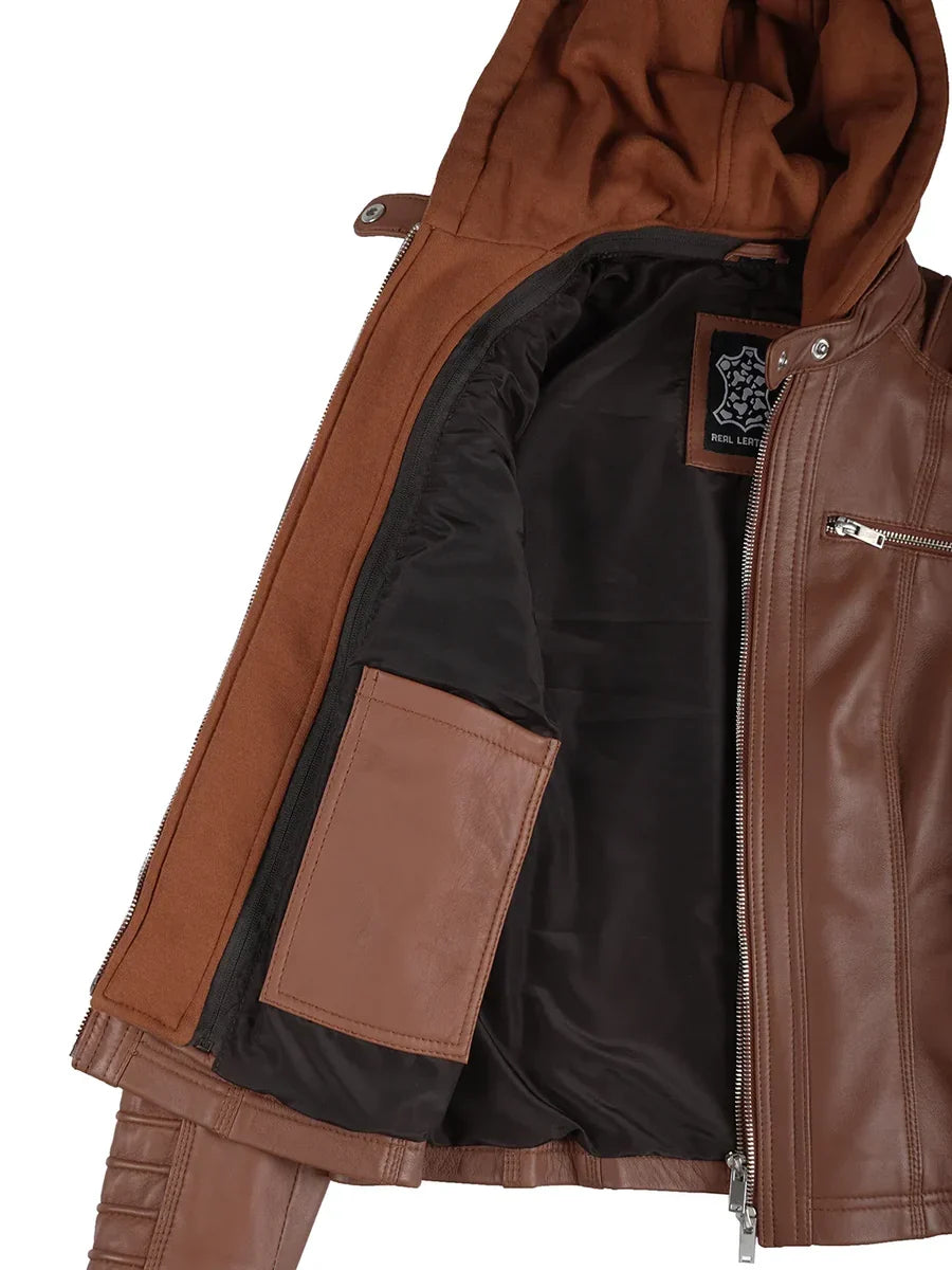 Women's Cognac Brown Leather Jacket With Removable Hood