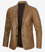 Mens Two Button Camel Brown Leather Blazer