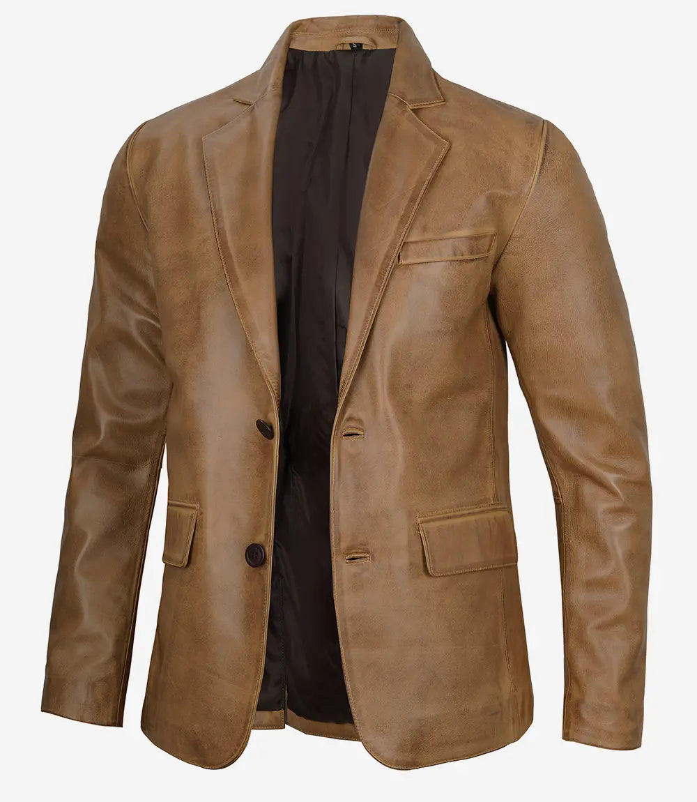 Mens Two Button Camel Brown Leather Blazer