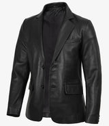 Mens Two Button Black Leather Blazer - Notch Lapel