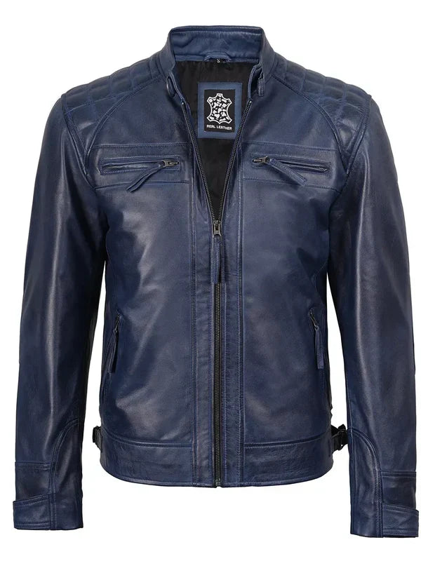 Men's Blue Wax Cafe Racer Leather Jacket