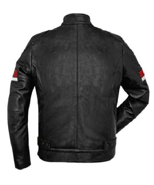 Men’s Black Biker Leather Jacket with Red & White Arm Stripes