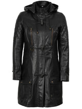 Women’s Black 3/4 Length Leather Coat With Hood