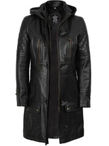 Women’s Black 3/4 Length Leather Coat With Hood