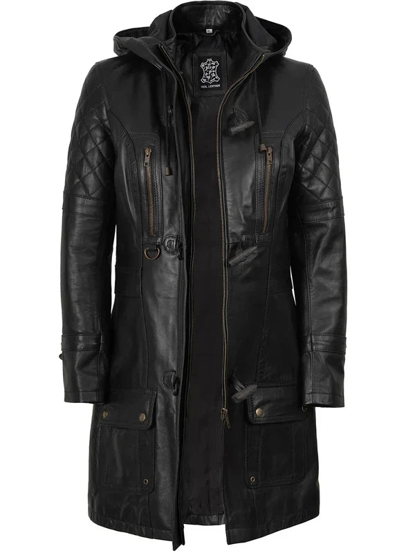 Women’s Black 3/4 Length Leather Coat With Hood