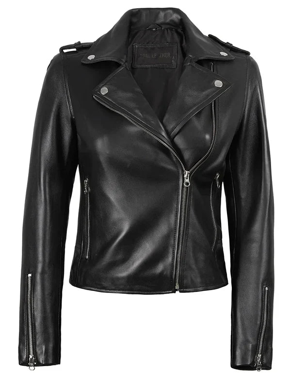 Kirsten Women's Black Asymmetrical Leather Biker Style Jacket