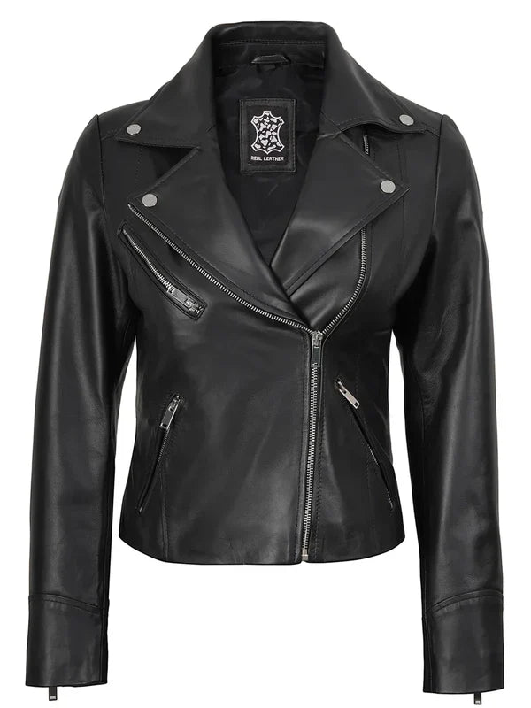 Women's Black Asymmetrical Real Leather Biker Style Jacket