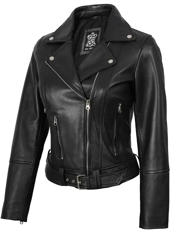 Womens Asymmetrical Black Biker Style Leather Jacket