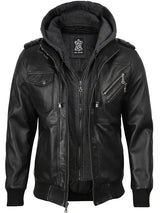 Men's Black Bomber Leather Jacket with Removable Hood