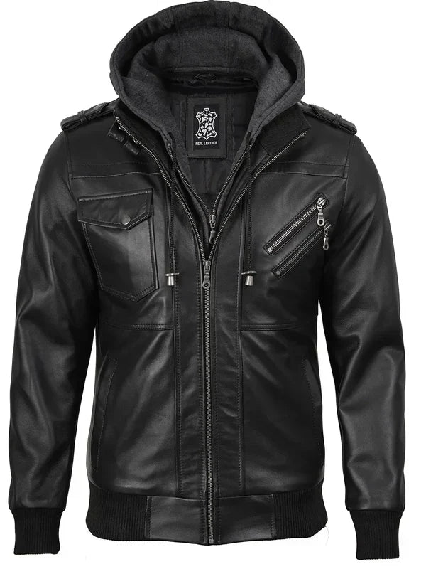 Men's Black Bomber Leather Jacket with Removable Hood
