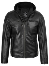 Men's Black Biker Style Leather Jacket with Removable Hood