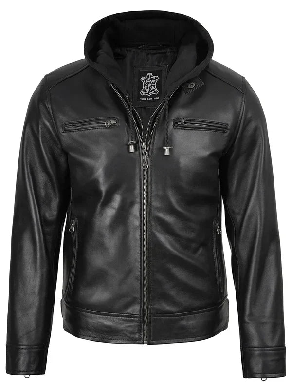 Men's Black Biker Style Leather Jacket with Removable Hood