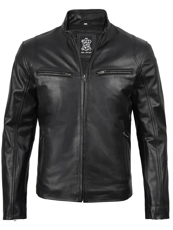 Clinton Men's Black Cafe Racer Leather Jacket
