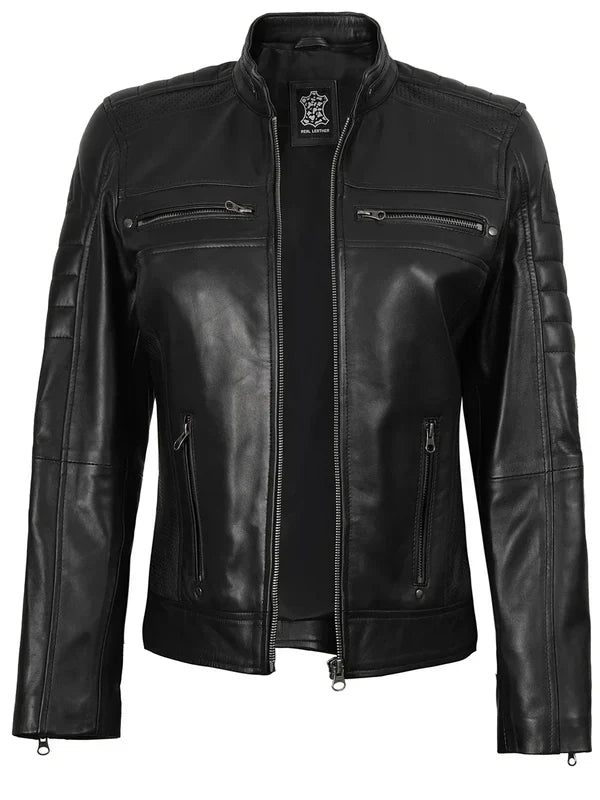Austin Women's Black Cafe Racer Style Leather Jacket