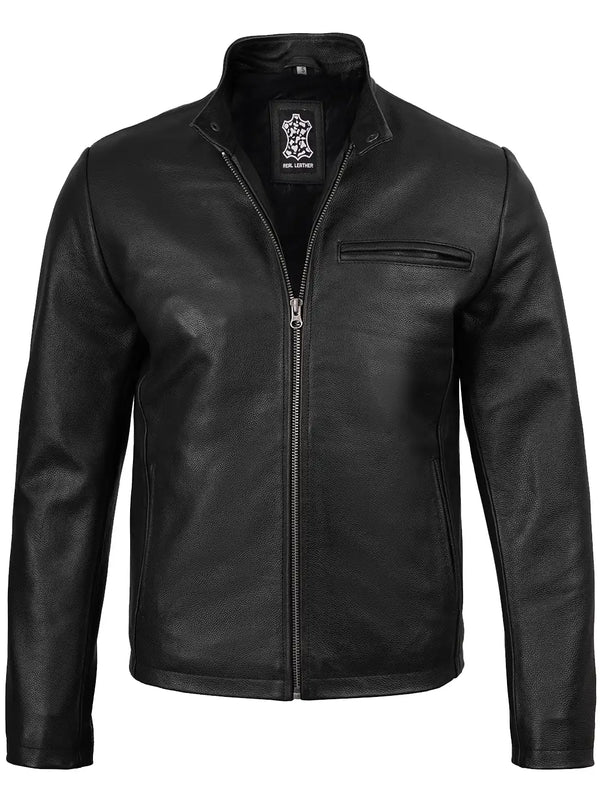 Men's Black Cowhide Leather Cafe Racer Jacket