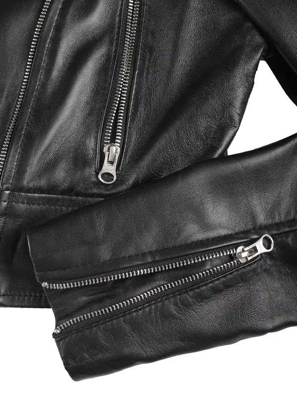 Colleen Women’s Cropped Black Biker Style Leather Jacket