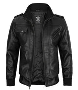 Edinburgh Mens Black Bomber Leather Jacket With Removable Hood