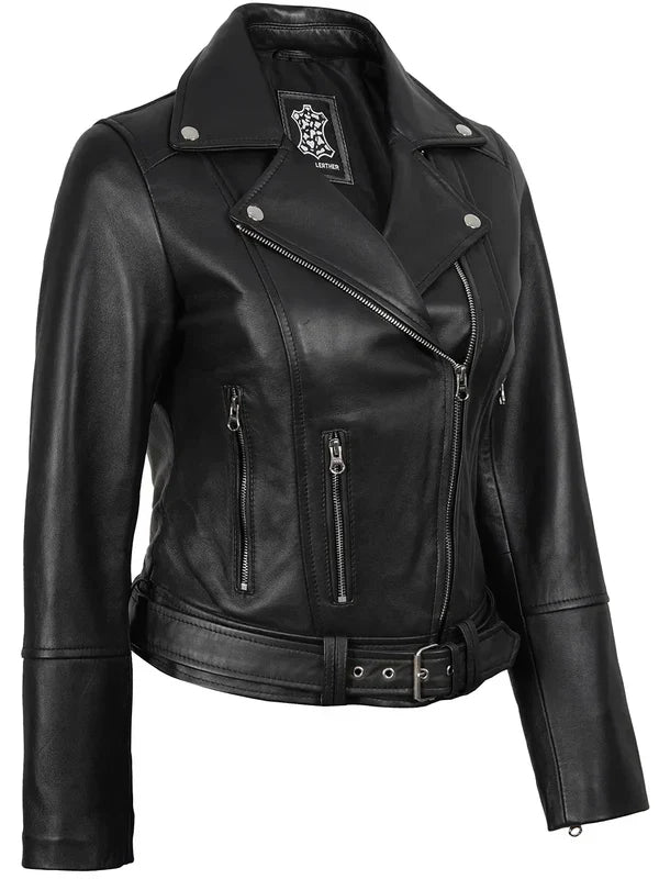 Womens Asymmetrical Black Biker Style Leather Jacket