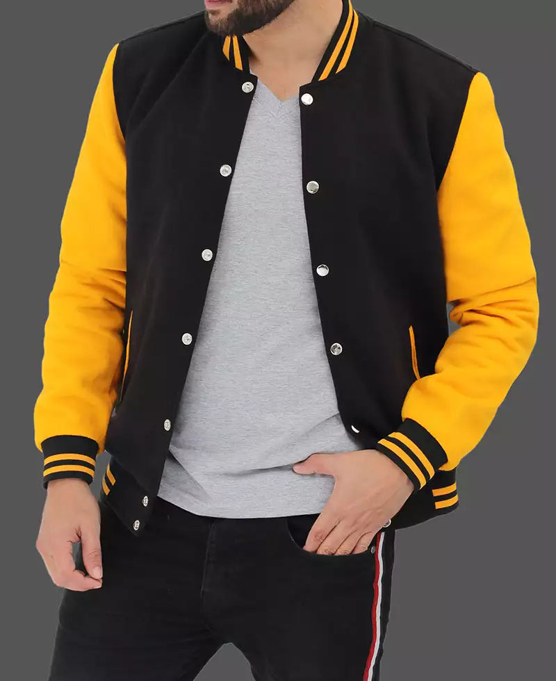 Men’s Black and Yellow Letterman Jacket – Varsity Baseball Style