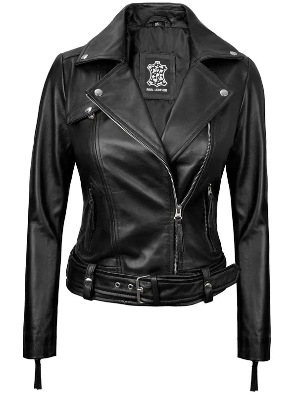 Angela Womens Black Asymmetrical Belted Leather Jacket