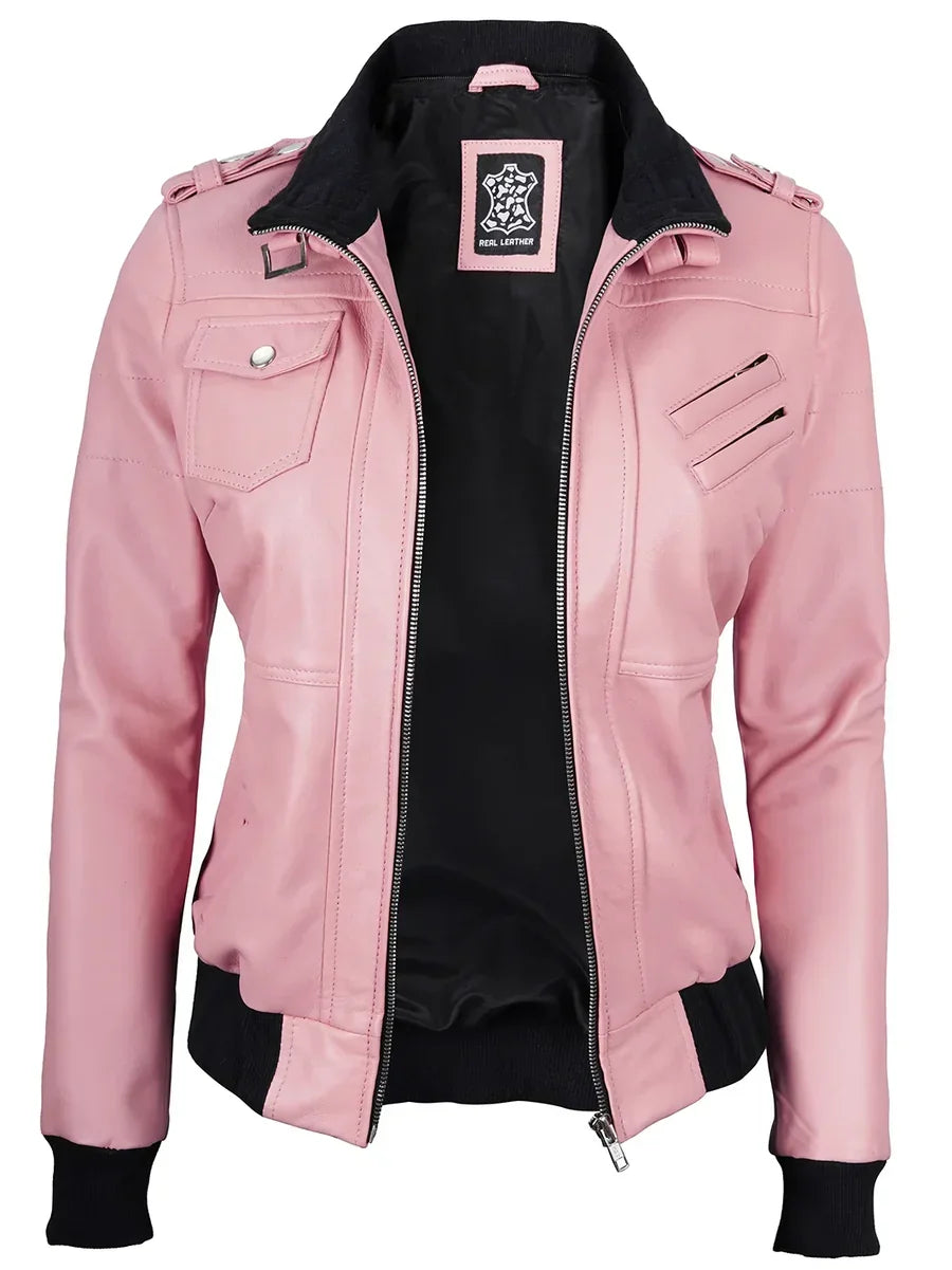 Women's Pink Leather Jacket with Removable Hood