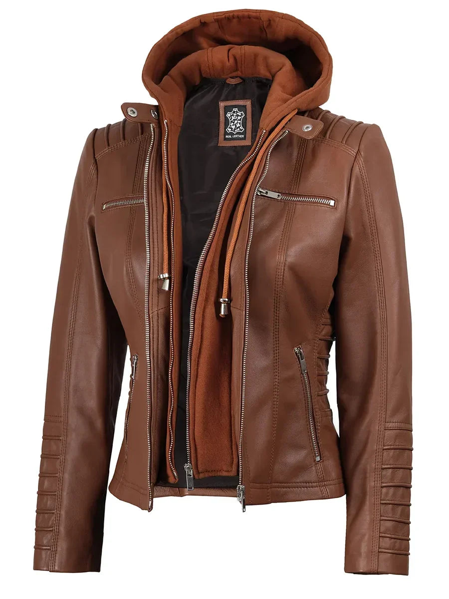 Women's Cognac Brown Leather Jacket With Removable Hood