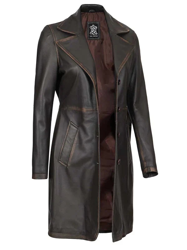Bryson Women's Rub Off Dark Brown Leather Long 3/4 Coat