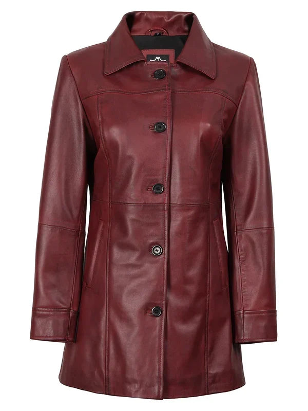 Kandis Women's Burgundy Real Leather Car Coat