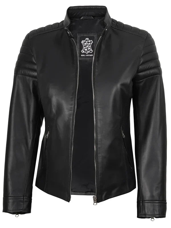 Women's Black Cafe Racer Leather Jacket