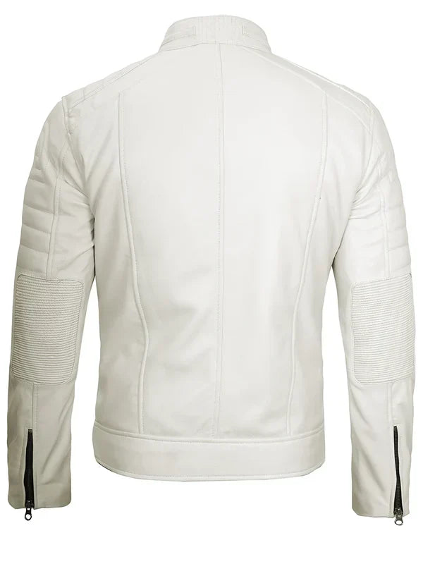 Mens Off White Cafe Racer Real Leather Jacket