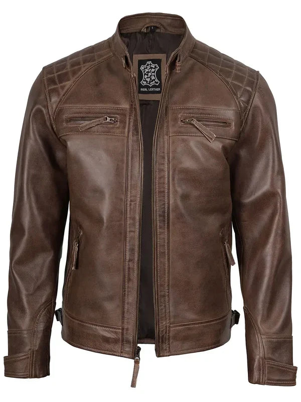Men Chocolate Brown Cafe Racer Real Leather Jacket