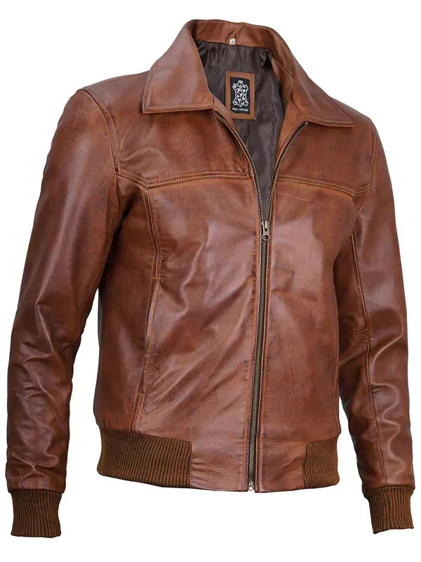 Steven Men's Distressed Brown Bomber Leather Jacket
