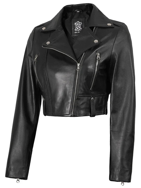 Colleen Women’s Cropped Black Biker Style Leather Jacket