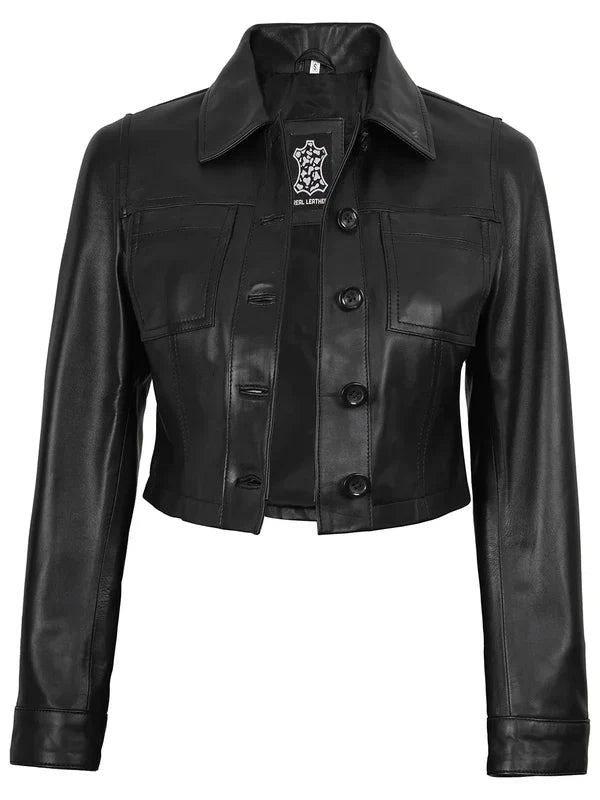 Mable Womens Black Cropped Harrington Leather Jacket