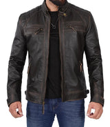 Men's Distressed Brown Cafe Racer Leather Jacket