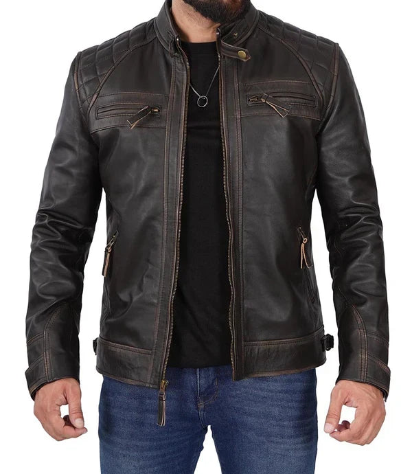 Men's Distressed Brown Cafe Racer Leather Jacket