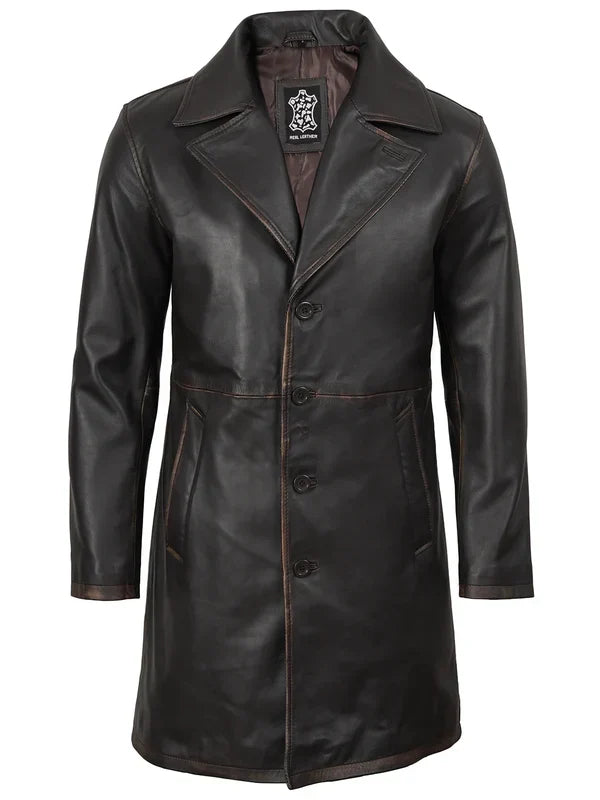 Men's Real Leather 3 4 Length Dark Brown Car Coat