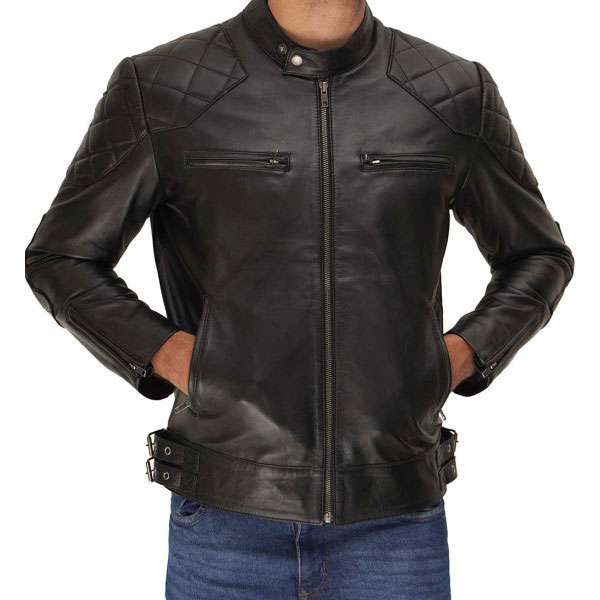 Men’s Black Quilted Shoulder Cafe Racer Leather Jacket