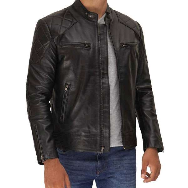 Men’s Black Quilted Shoulder Cafe Racer Leather Jacket