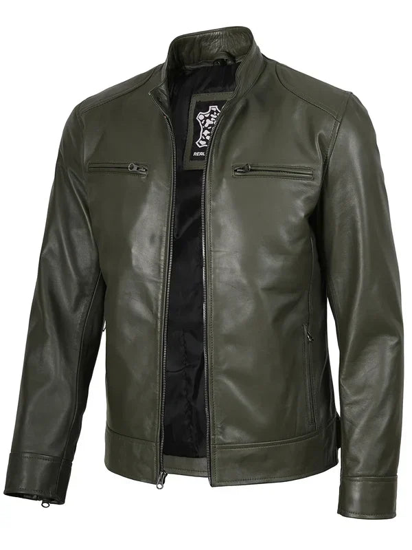 Dodge Mens Green Cafe Racer Real Leather Jacket