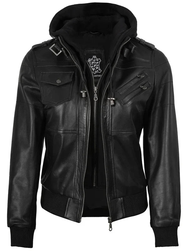 Edinburgh Women's Bomber Black Leather Jacket with Removable Hood