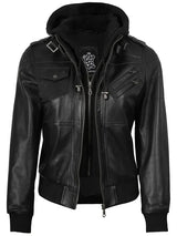 Edinburgh Women's Bomber Black Leather Jacket with Removable Hood