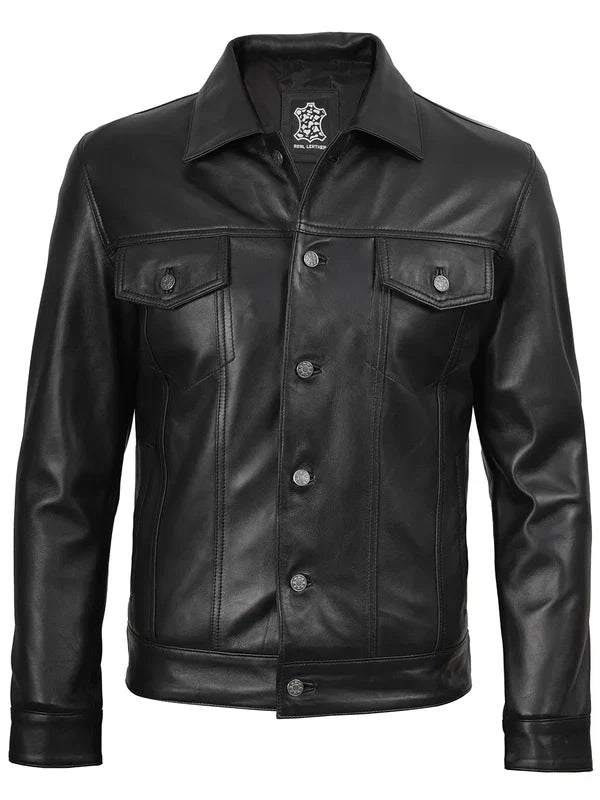 Fernando Mens Black Leather Trucker Jacket