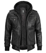 Men's Bomber Dark Grey Leather Jacket with Removable Hood