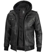 Men's Bomber Dark Grey Leather Jacket with Removable Hood