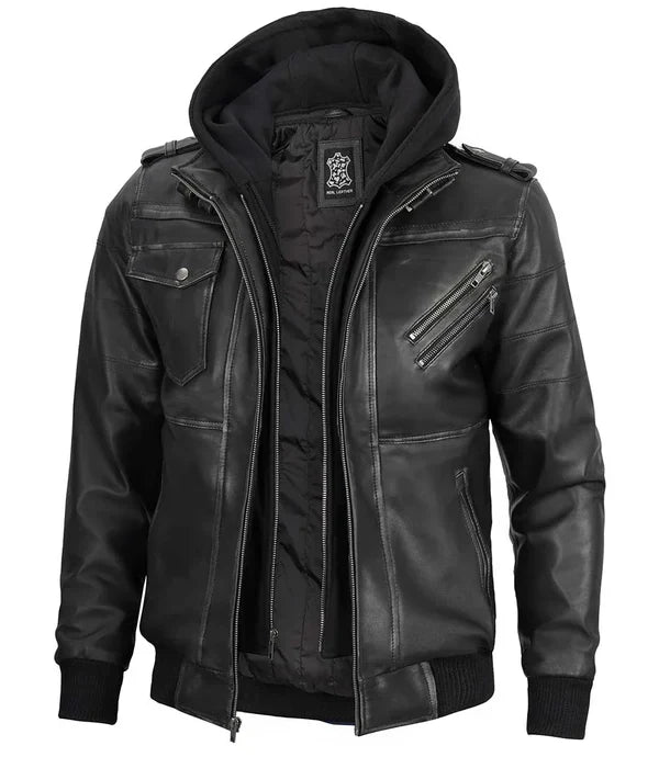 Men's Bomber Dark Grey Leather Jacket with Removable Hood