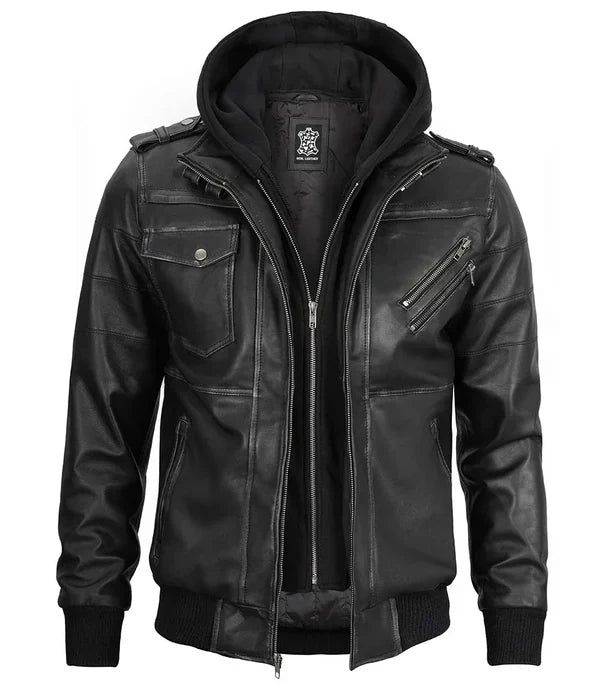 Men's Bomber Dark Grey Leather Jacket with Removable Hood