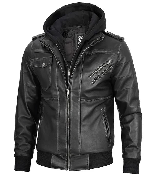 Men's Bomber Dark Grey Leather Jacket with Removable Hood