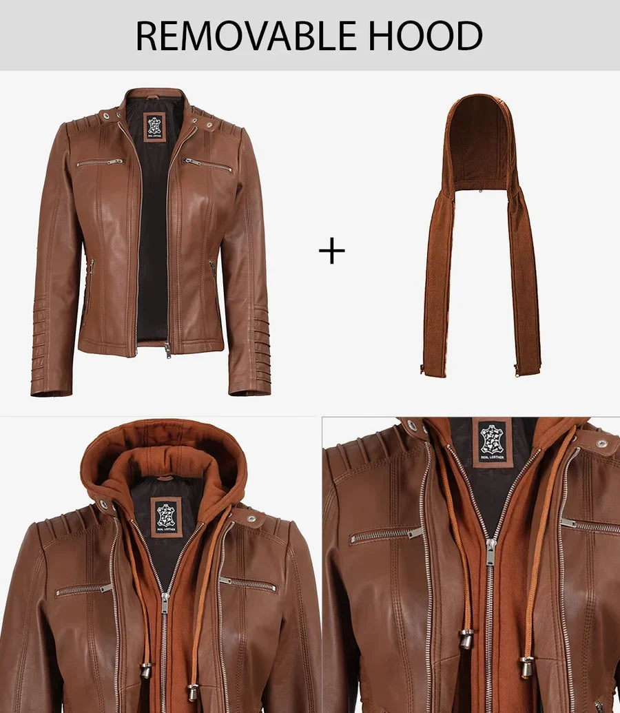Women's Cognac Brown Leather Jacket With Removable Hood